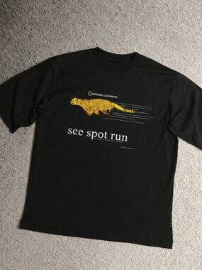 Y2K 'See Spot Run' Cheetah Nat Geo Rare Washed Black T-Shirt